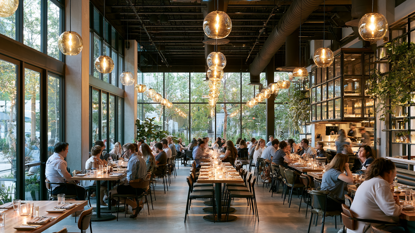 Loud crowded restaurant with hard surfaces and exposed ceiling